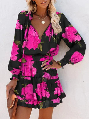 Women’s Printed Ruffle Mini Dress with Long Sleeves