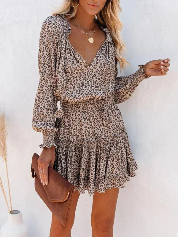 Women’s Printed Ruffle Mini Dress with Long Sleeves