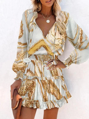 Women’s Printed Ruffle Mini Dress with Long Sleeves