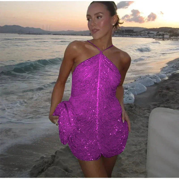Sparkling Halter Mini Party Dress for Women