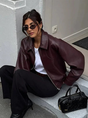 Women's Cropped Faux Leather Bomber Jacket