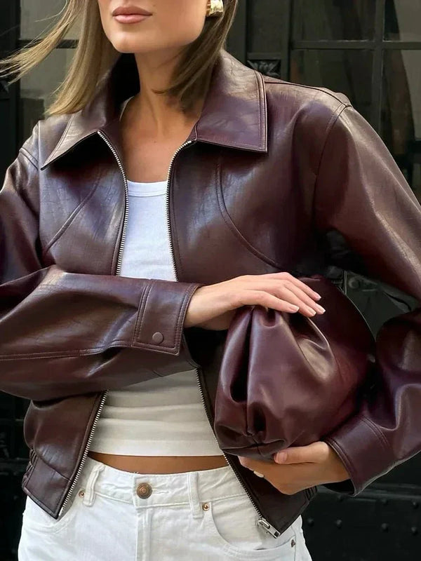 Women's Cropped Faux Leather Bomber Jacket