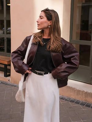 Women's Cropped Faux Leather Bomber Jacket