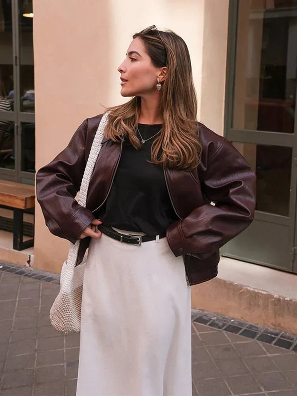 Women's Cropped Faux Leather Bomber Jacket