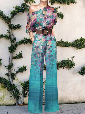 Women's One-Shoulder Printed Wide-Leg Jumpsuit