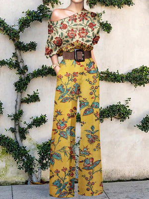 Women's One-Shoulder Printed Wide-Leg Jumpsuit