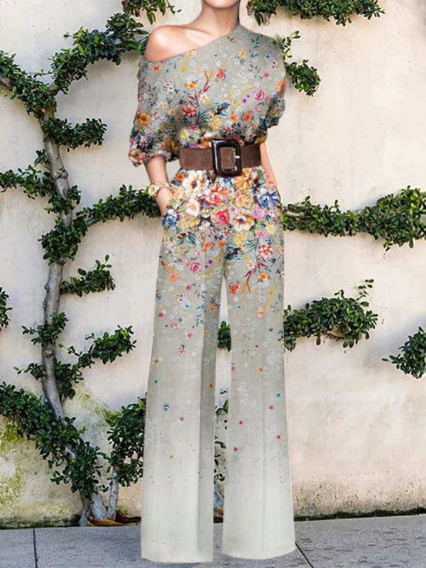 Women's One-Shoulder Printed Wide-Leg Jumpsuit