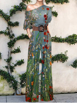 Women's One-Shoulder Printed Wide-Leg Jumpsuit