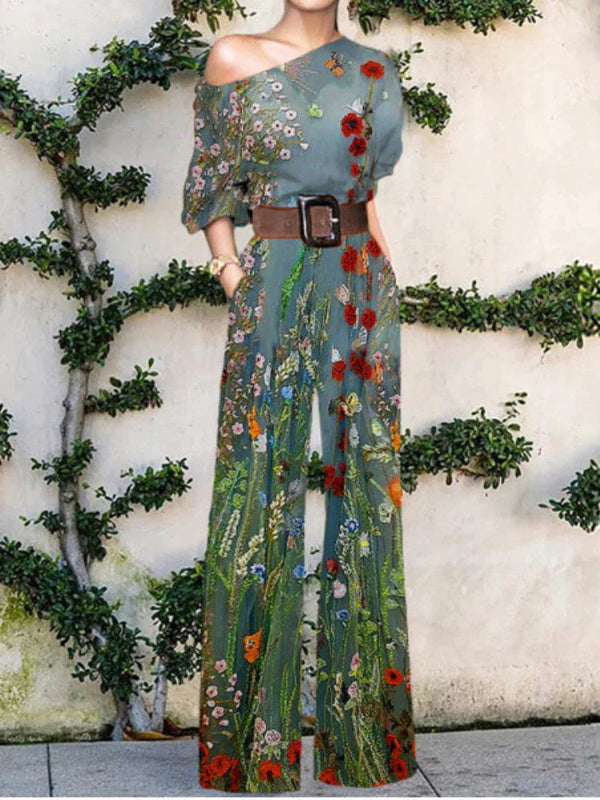 Women's One-Shoulder Printed Wide-Leg Jumpsuit