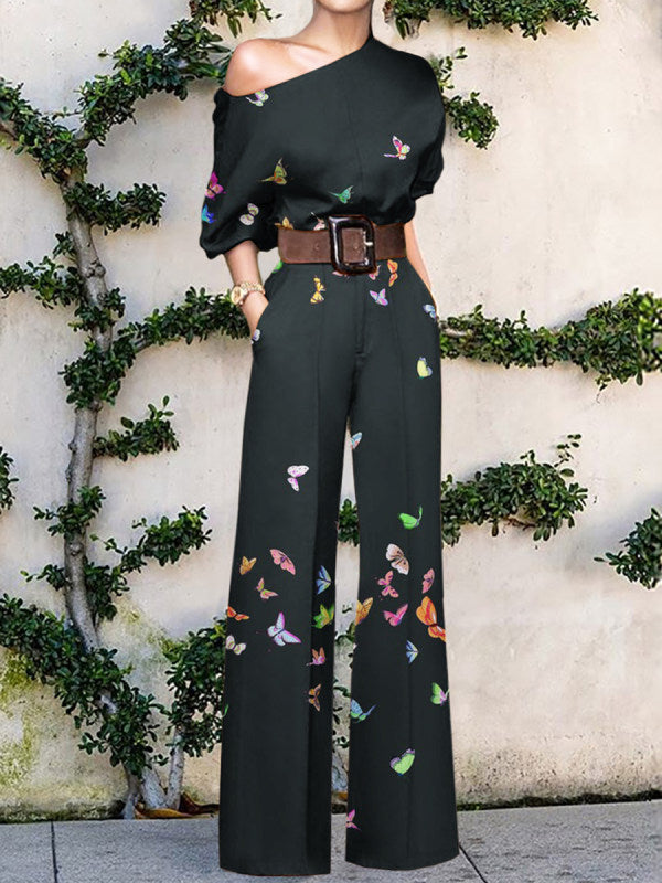 Women's One-Shoulder Printed Wide-Leg Jumpsuit