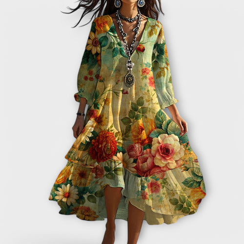 Women's Vintage Bohemian Floral Midi Dress with Flowing Hem