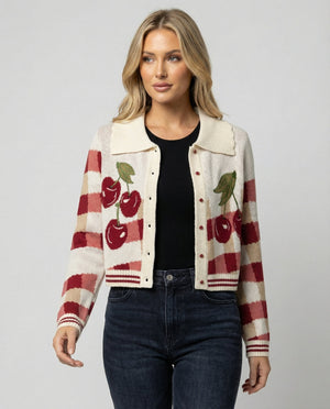 Women's Cherry Print Button-Front Cropped Cardigan