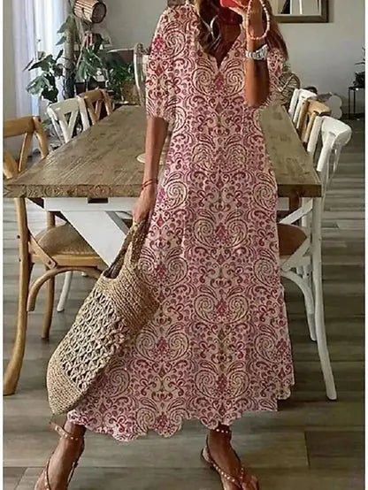 Women's Bohemian Printed V-Neck Maxi Dress with Tassel Tie Detail