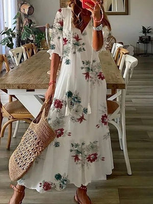Women's Bohemian Printed V-Neck Maxi Dress with Tassel Tie Detail