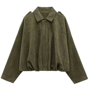 Oversized Suede Look Bomber Jacket for Women