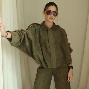 Oversized Suede Look Bomber Jacket for Women