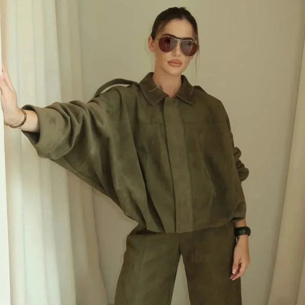 Oversized Suede Look Bomber Jacket for Women