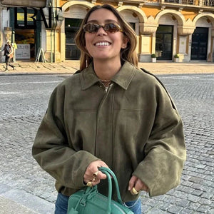 Oversized Suede Look Bomber Jacket for Women
