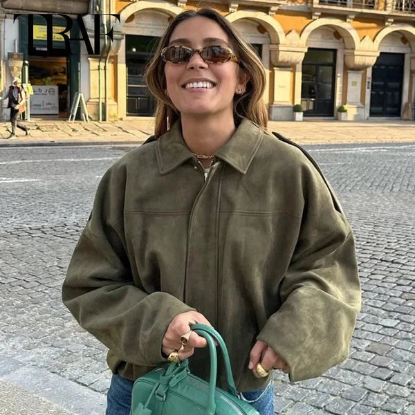 Oversized Suede Look Bomber Jacket for Women