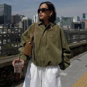 Oversized Suede Look Bomber Jacket for Women