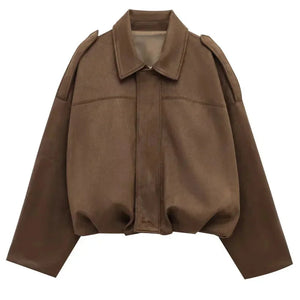 Oversized Suede Look Bomber Jacket for Women