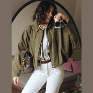 Oversized Suede Look Bomber Jacket for Women