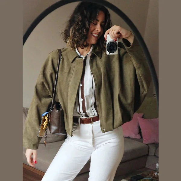 Oversized Suede Look Bomber Jacket for Women