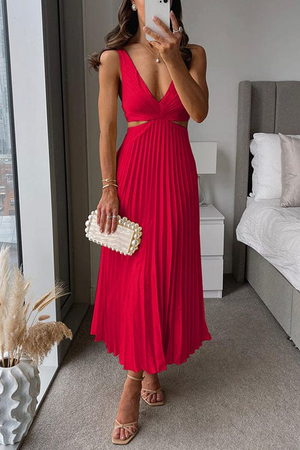 Elegant Women's Pleated V-Neck A-Line Midi Dress