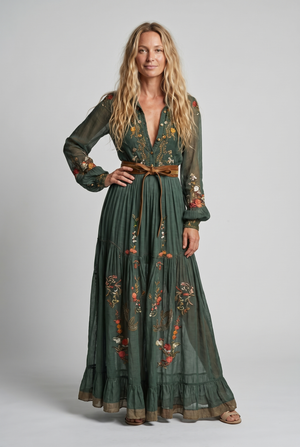 Women's Vintage Floral Maxi Dress with Sheer Sleeves