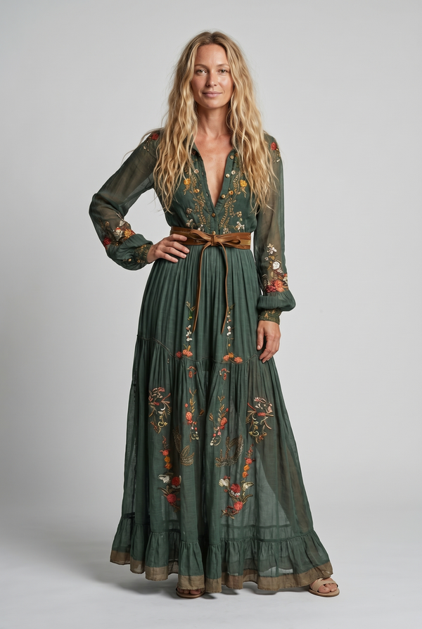 Women's Vintage Floral Maxi Dress with Sheer Sleeves