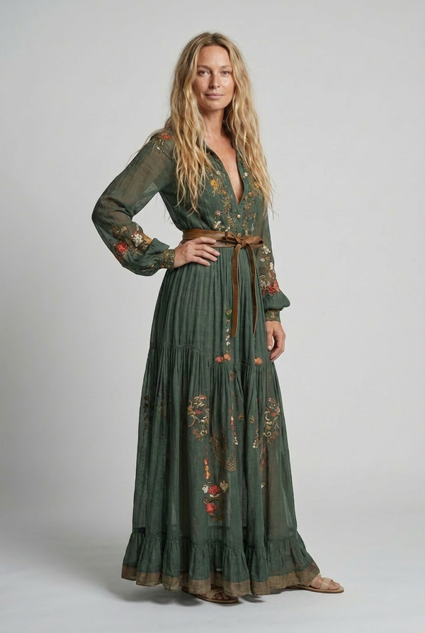 Women's Vintage Floral Maxi Dress with Sheer Sleeves