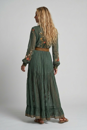 Women's Vintage Floral Maxi Dress with Sheer Sleeves