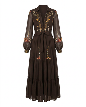 Women's Vintage Floral Maxi Dress with Sheer Sleeves