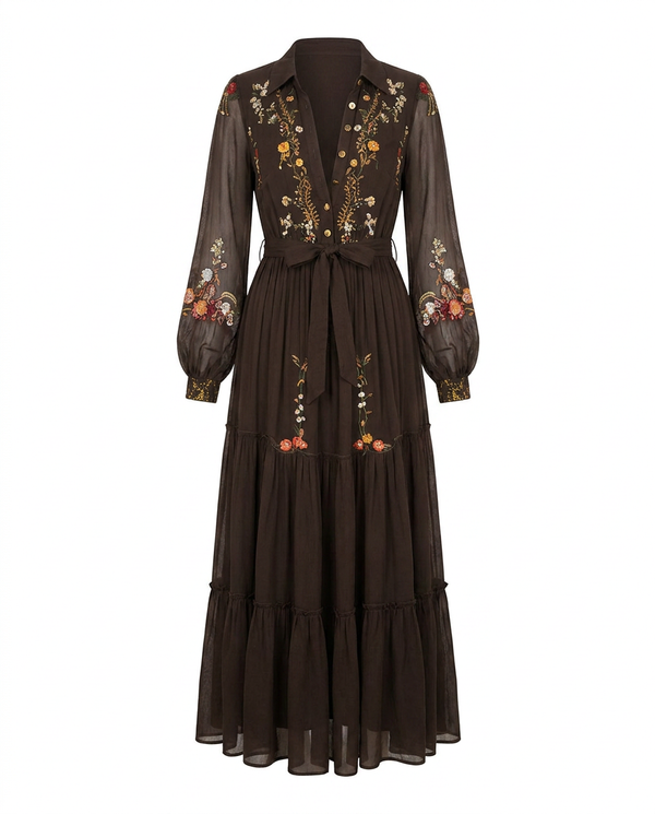 Women's Vintage Floral Maxi Dress with Sheer Sleeves