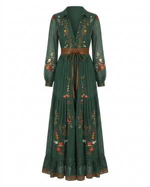 Women's Vintage Floral Maxi Dress with Sheer Sleeves