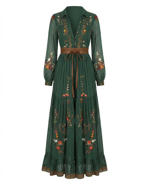 Women's Vintage Floral Maxi Dress with Sheer Sleeves
