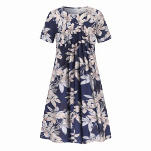Women's Floral Print Midi Dress with Short Sleeves and Flowy Silhouette